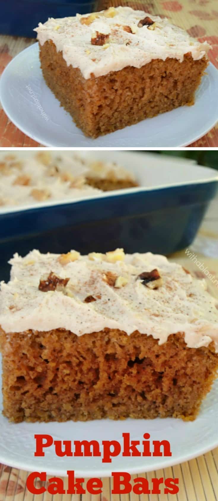 Quick, easy and sooo delicious recipe for moist Pumpkin Cake Bars - around 15 servings #PumpkinCake #PumpkinDessert #FallDessert #EasyPumpkinCake