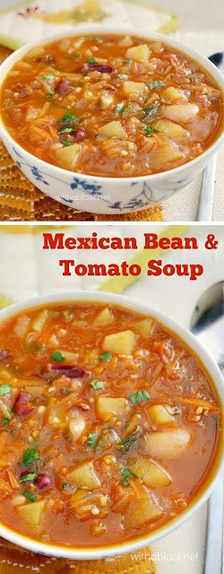 Mexican Bean and Tomato Soup is a rich, hearty, loaded with veggies , spicy soup and of the best comfort foods on a cold day #SpicySoup #TomatoSoup #MexicanSoup #BeanSoup