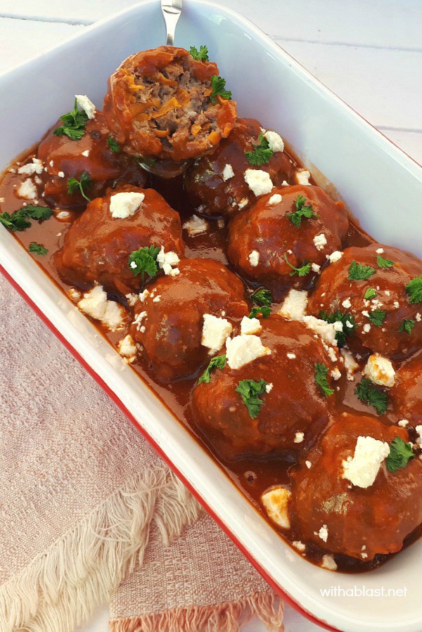 Greek-Style Meatballs scattered with Feta in a rich Tomato-Beef sauce