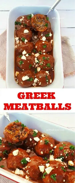 Greek-Style Meatballs scattered with Feta in a rich Tomato-Beef sauce