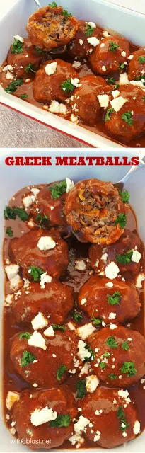 Greek-Style Meatballs scattered with Feta in a rich Tomato-Beef sauce