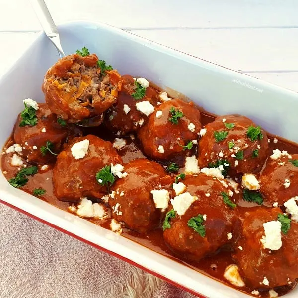 Greek-Style Meatballs scattered with Feta in a rich Tomato-Beef sauce