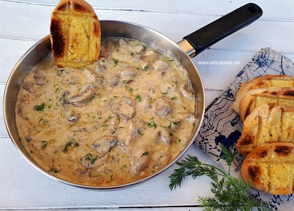 This is divine ! Imagine scooping up creamy Mushrooms with Garlic toast and dipping in the sauce ! Serve as an Appetizer or Side Dish