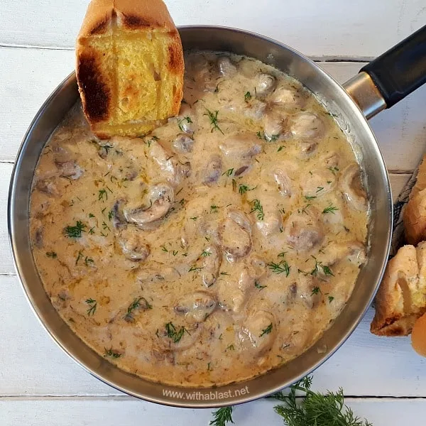 This is divine ! Imagine scooping up creamy Mushrooms with Garlic toast and dipping in the sauce ! Serve as an Appetizer or Side Dish