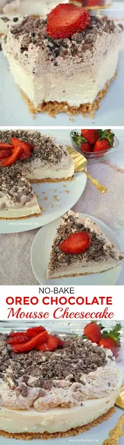 This No-Bake Cheesecake had my family raving ! Crust, Cheesecake layer, Chocolate Mousse and more Chocolate !