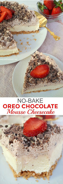 This No-Bake Cheesecake had my family raving ! Crust, Cheesecake layer, Chocolate Mousse and more Chocolate !