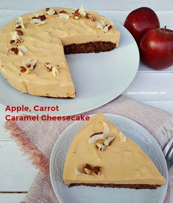 Moist Apple and Carrot Cake, topped with silky smooth Caramel Cheesecake