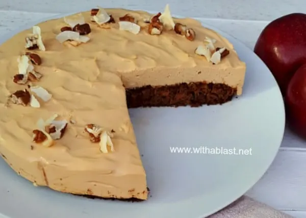 Moist Apple and Carrot Cake, topped with silky smooth Caramel Cheesecake