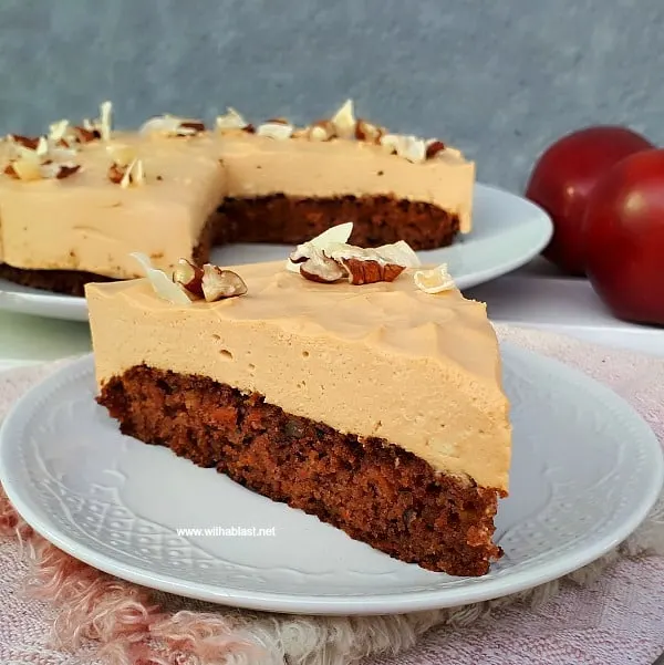 Moist Apple and Carrot Cake, topped with silky smooth Caramel Cheesecake