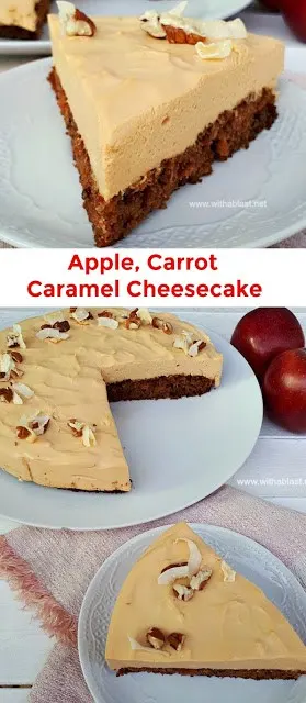 Moist Apple and Carrot Cake, topped with silky smooth Caramel Cheesecake