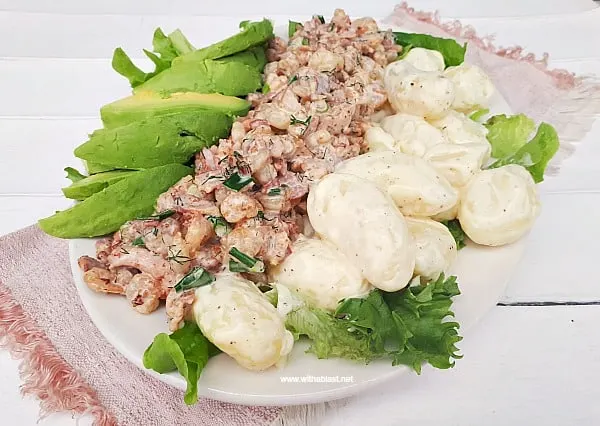 Creamy Shrimp and Bacon, served with baby Potatoes and Avocado on a bed of Lettuce makes the perfect lunch or appetizer