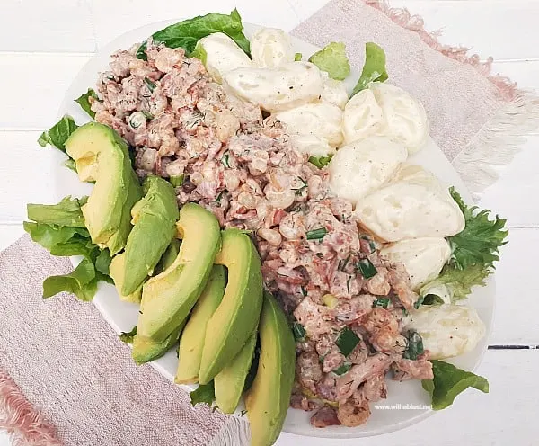 Creamy Shrimp and Bacon, served with baby Potatoes and Avocado on a bed of Lettuce makes the perfect lunch or appetizer