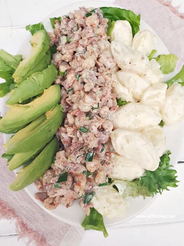 Creamy Shrimp and Bacon, served with baby Potatoes and Avocado on a bed of Lettuce makes the perfect lunch or appetizer