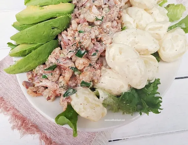 Creamy Shrimp and Bacon, served with baby Potatoes and Avocado on a bed of Lettuce makes the perfect lunch or appetizer