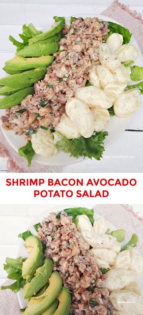 Creamy Shrimp and Bacon, served with baby Potatoes and Avocado on a bed of Lettuce makes the perfect lunch or appetizer