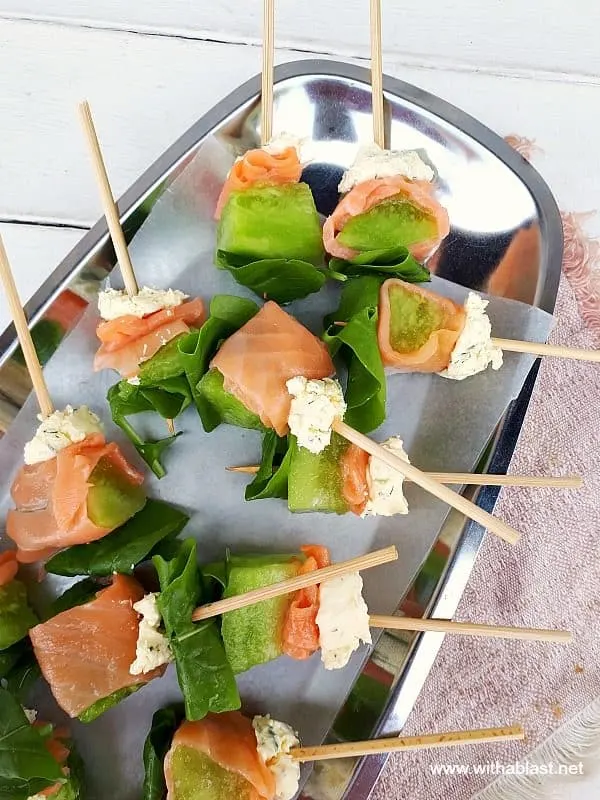 Smoked Salmon Wrapped Melon Skewers are quick and easy to make. Dill Mascarpone and Arugula complete this very tasty, elegant appetizer