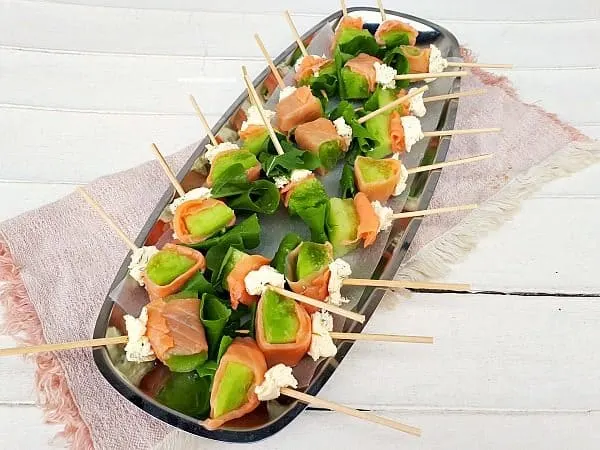 Smoked Salmon Wrapped Melon Skewers are quick and easy to make. Dill Mascarpone and Arugula complete this very tasty, elegant appetizer