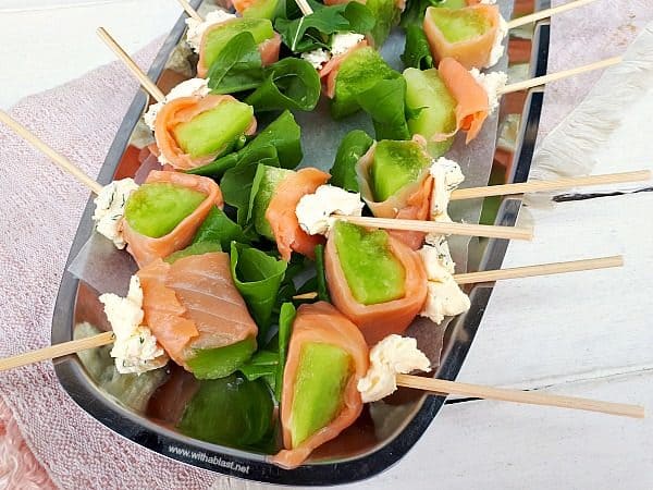 Smoked Salmon Wrapped Melon Skewers are quick and easy to make. Dill Mascarpone and Arugula complete this very tasty, elegant appetizer