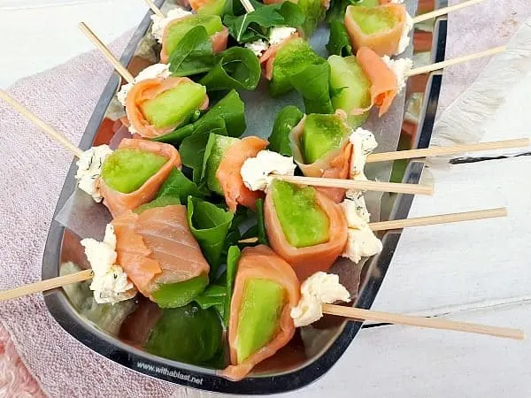 Smoked Salmon Wrapped Melon Skewers are quick and easy to make. Dill Mascarpone and Arugula complete this very tasty, elegant appetizer