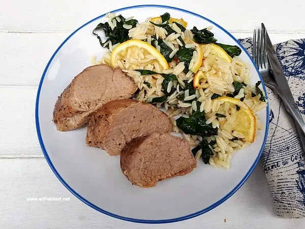 Tender, juicy Honey Lemon Pork Loin With Roasted Lemon Orzo is a quick, filling and delicious week night dinner