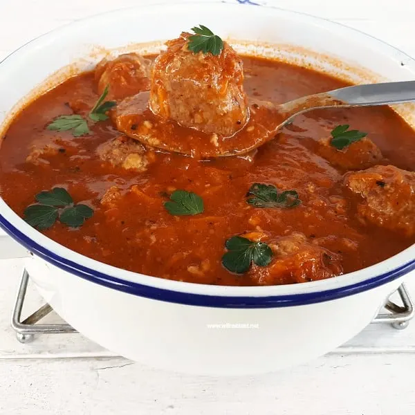 Rich Tomato based Soup with Mozzarella stuffed Meatballs make a hearty, warming dinner Rich Tomato based Soup with Mozzarella stuffed Meatballs make a hearty, warming dinner