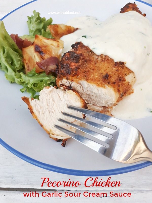 Oven baked or Airfryer – Tender and juicy Pecorino Crusted Chicken with an amazing (easy!) 5 minute Garlic Sour Cream Sauce