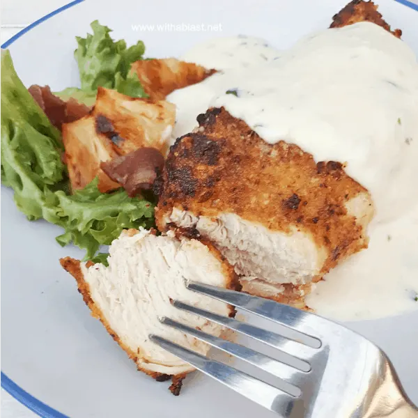 Oven baked or Airfryer – Tender and juicy Pecorino Crusted Chicken with an amazing (easy!) 5 minute Garlic Sour Cream Sauce