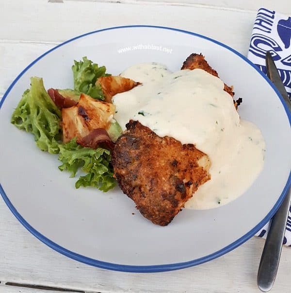Oven baked or Airfryer – Tender and juicy Pecorino Crusted Chicken with an amazing (easy!) 5 minute Garlic Sour Cream Sauce