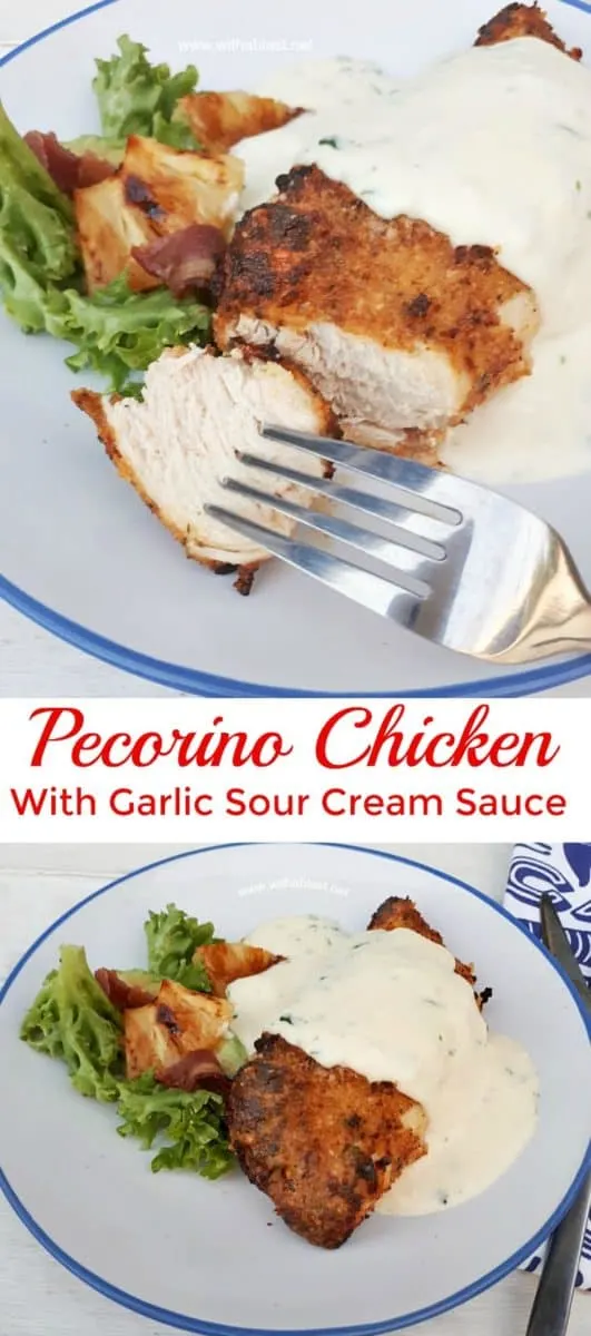 Oven baked or Airfryer – Tender and juicy Pecorino Crusted Chicken with an amazing (easy!) 5 minute Garlic Sour Cream Sauce