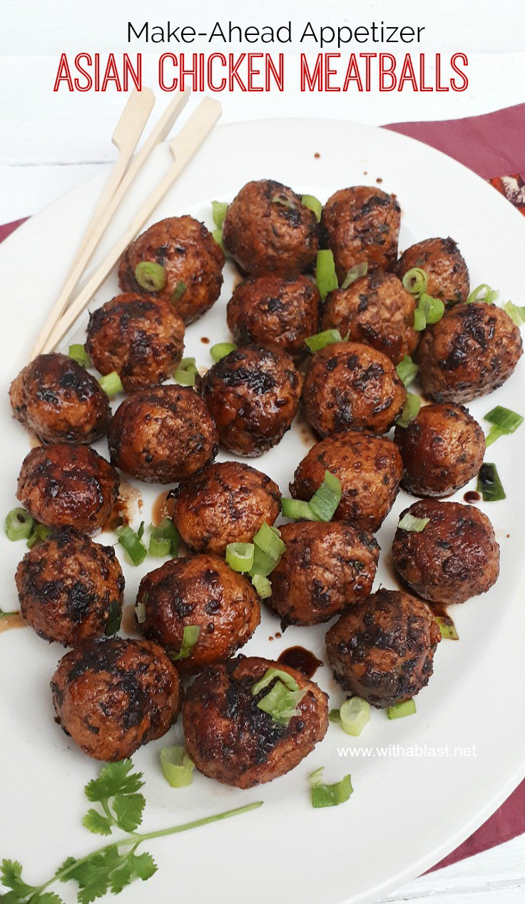 Slightly spicy, juicy Asian Chicken Meatballs, with a salty/sweet glaze are perfect to serve as an appetizer or as part of your savory party platter - make-ahead friendly recipe