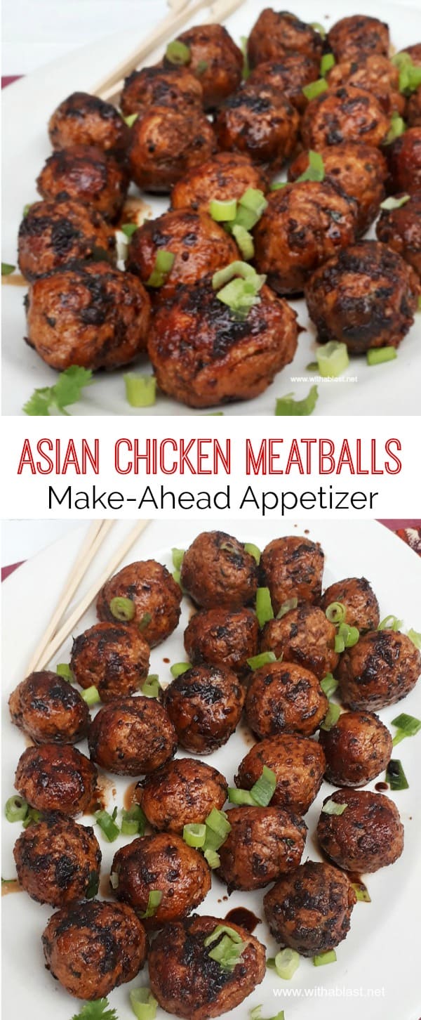 Slightly spicy, juicy Asian Chicken Meatballs, with a salty/sweet glaze are perfect to serve as an appetizer or as part of your savory party platter - make-ahead friendly recipe