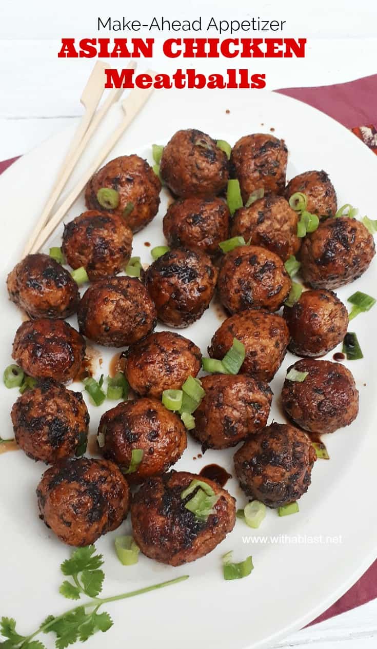 Slightly spicy, juicy Asian Chicken Meatballs, with a salty/sweet glaze are perfect to serve as an appetizer or as part of your savory party platter - make-ahead friendly recipe