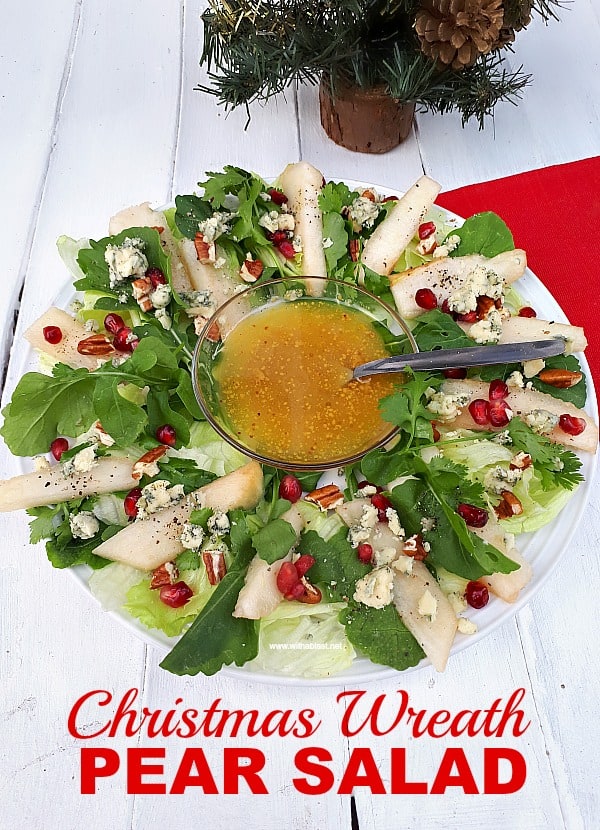 Christmas Wreath Pear Salad is a refreshing salad addition to your Christmas menu, with pears, nuts, pomegranates and more - Prepping to serving within minutes