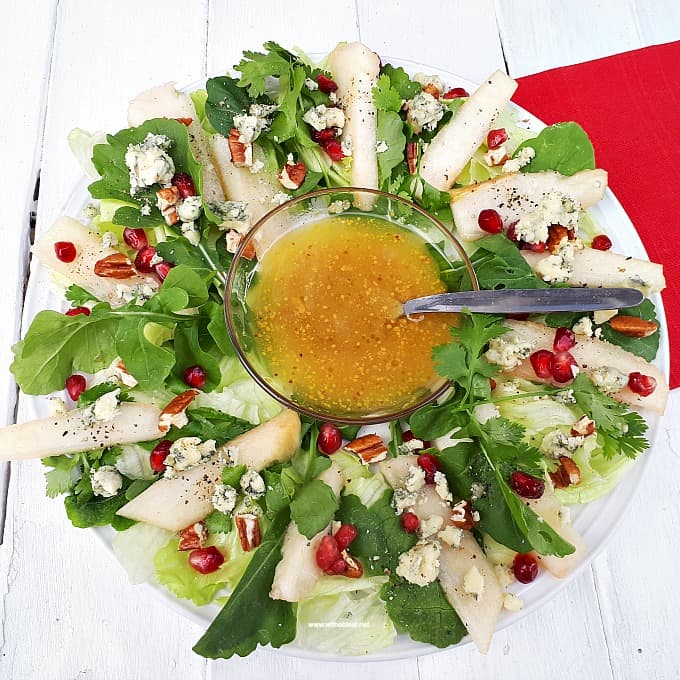 Christmas Wreath Pear Salad is a refreshing salad addition to your Christmas menu, with pears, nuts, pomegranates and more - Prepping to serving within minutes