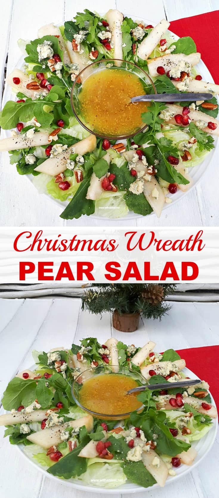 Christmas Wreath Pear Salad is a refreshing salad addition to your Christmas menu, with pears, nuts, pomegranates and more - Prepping to serving within minutes