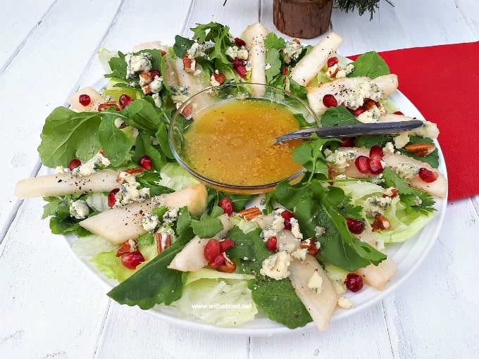 Christmas Wreath Pear Salad is a refreshing salad addition to your Christmas menu, with pears, nuts, pomegranates and more - Prepping to serving within minutes