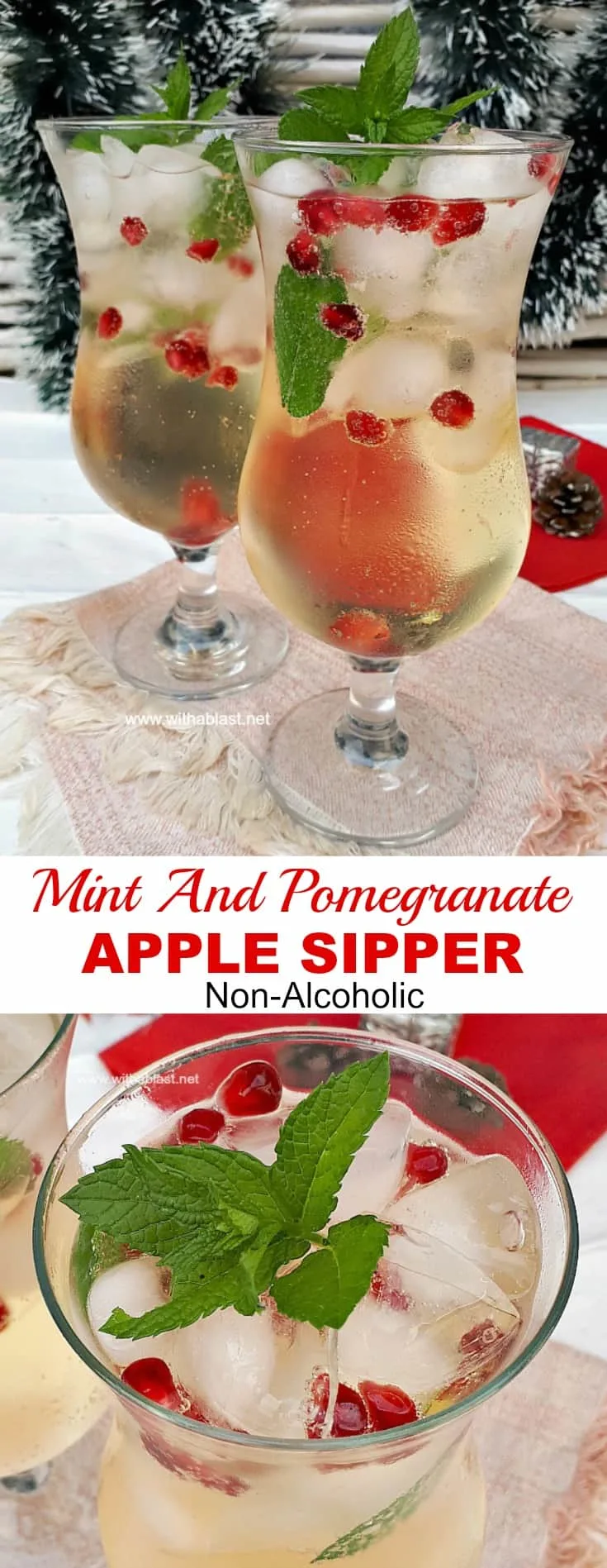 Refreshing, Mint and Pomegranate Apple Sipper is a must on your holiday drinks menu ! (Sparkling or plain) added alcohol optional