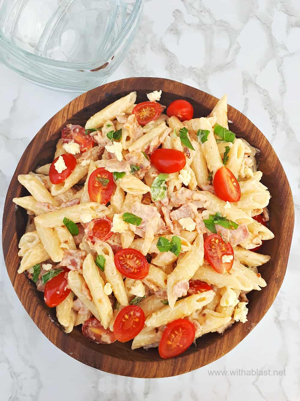 Bacon Tomato Pasta Salad with Blue Cheese Dressing