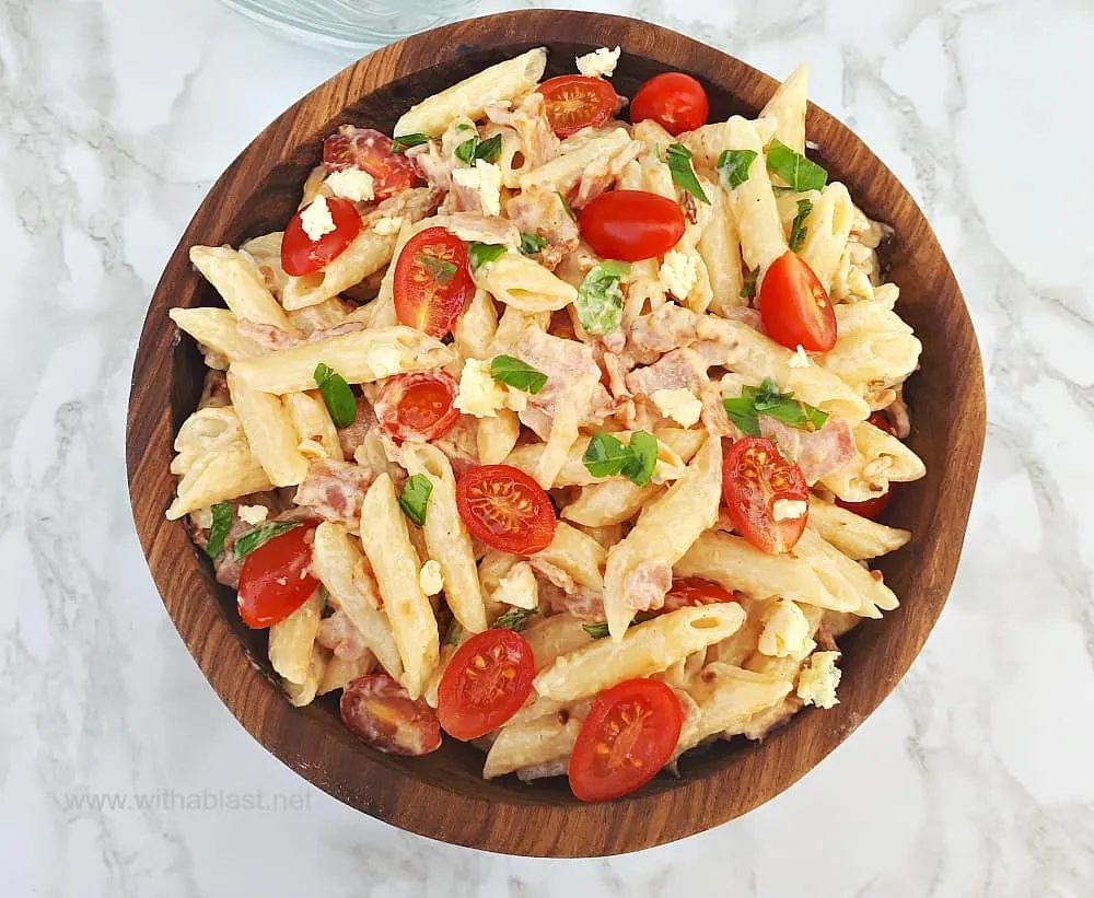 Bacon Tomato Pasta Salad with Blue Cheese Dressing