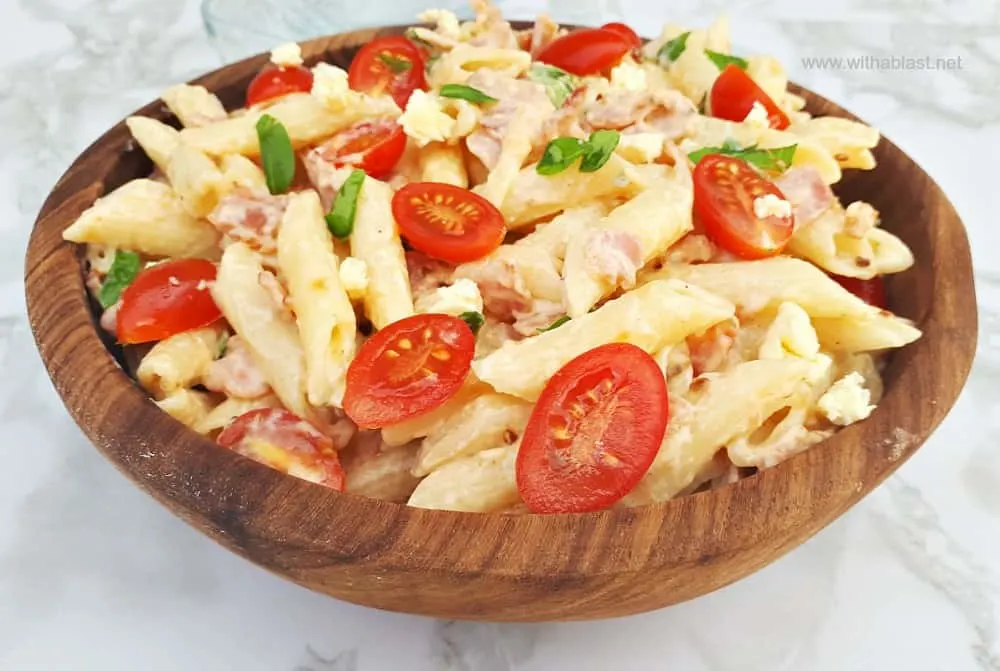 Bacon Tomato Pasta Salad with Blue Cheese Dressing is so flavorful and always a winner to serve as an appetizer or light dinner  Bacon Tomato Pasta Salad with Blue Cheese Dressing