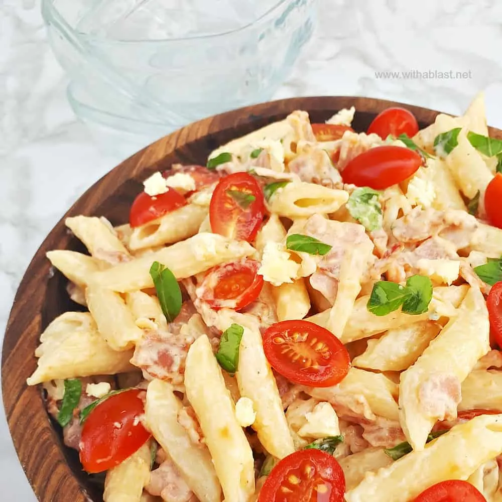 Bacon Tomato Pasta Salad with Blue Cheese Dressing
