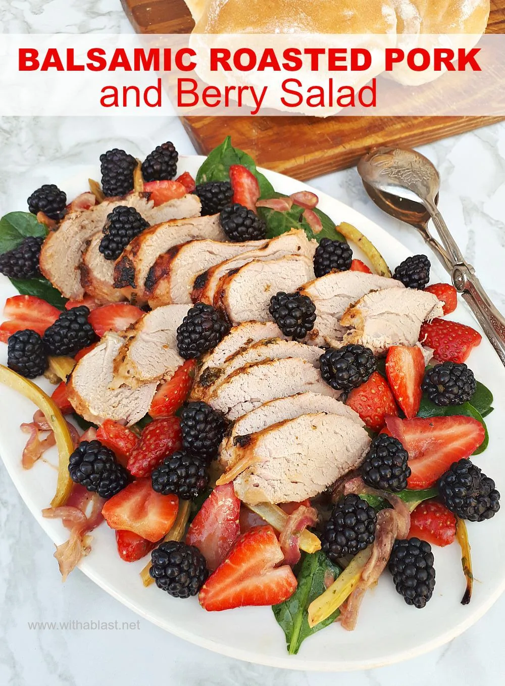 Balsamic Roasted Pork And Berry Salad is a healthy lunch or light dinner - NO dressing is required as all the ingredients are so juicy ! #PorkSalad #FallSalad #BerrySalad #porkrecipes #healthyeating