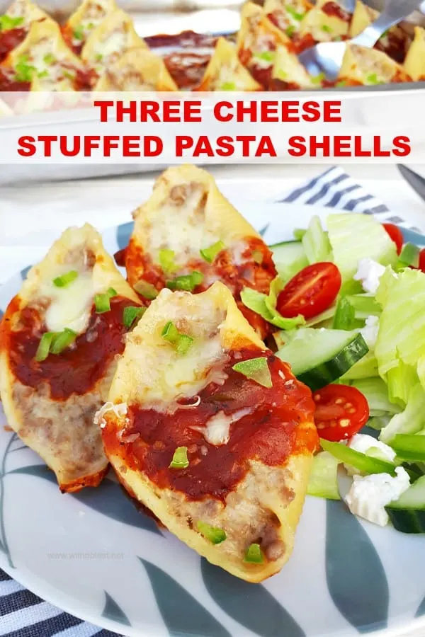 Three Cheese Stuffed Pasta Shells are filled not only with three cheeses, but ground beef as well, making this the ideal light dinner or serve as an appetizer