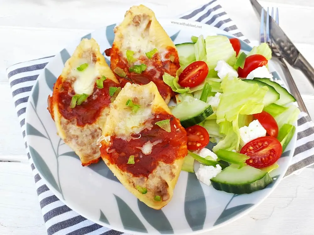 Three Cheese Stuffed Pasta Shells are filled not only with three cheeses, but ground beef as well, making this the ideal light dinner or serve as an appetizer. Three Cheese Stuffed Pasta Shells are filled not only with three cheeses, but ground beef as well, making this the ideal light dinner or serve as an appetizer