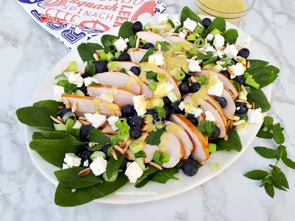 Smoked Chicken and Blueberry Salad is a filling, healthy salad which is perfect for lunch or as a light dinner - Quick, easy Salad with a Mustard Lime Dressing. Smoked Chicken And Blueberry Salad