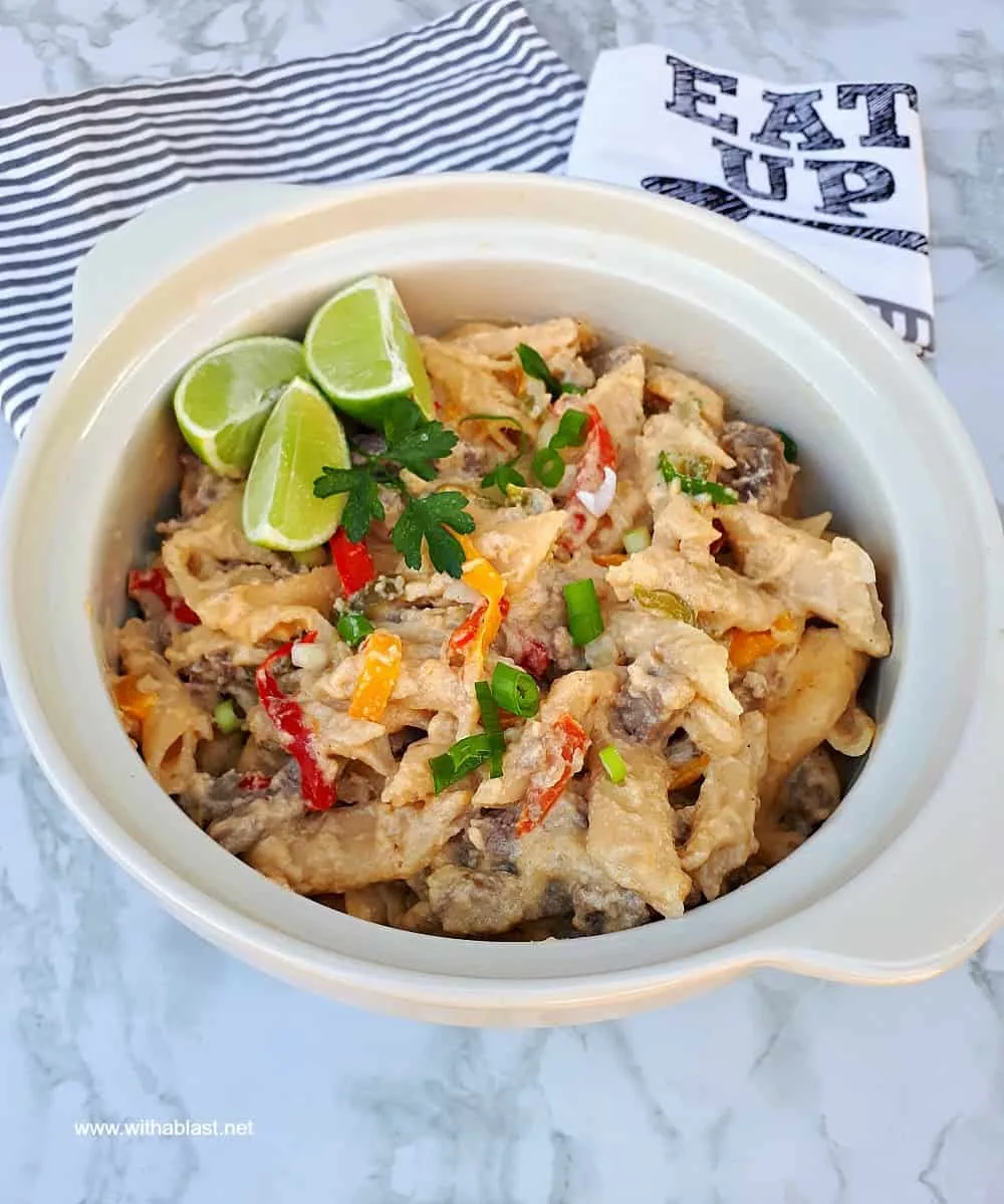 One Pot Spicy Steak Fajita Pasta has all the flavor a traditional Fajita has, but in a pasta dish. A Quick, easy dinner dish for a busy week night.