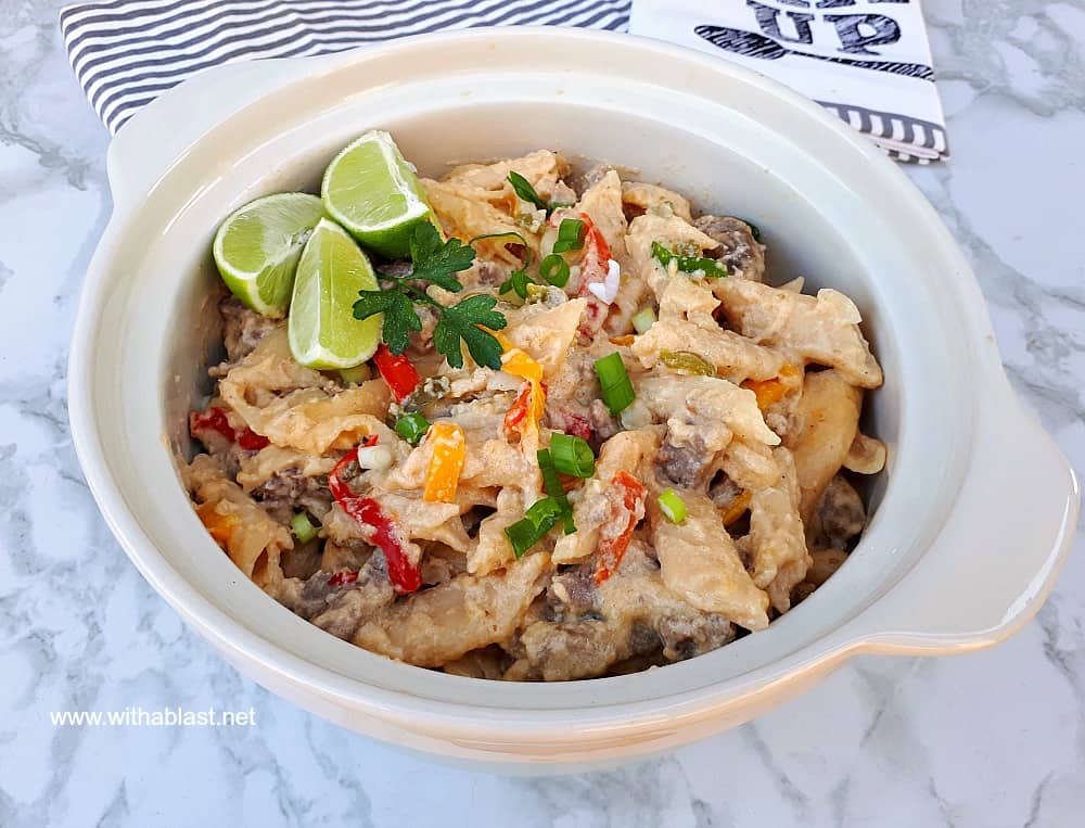 One Pot Spicy Steak Fajita Pasta has all the flavor a traditional Fajita has, but in a pasta dish. A Quick, easy dinner dish for a busy week night.