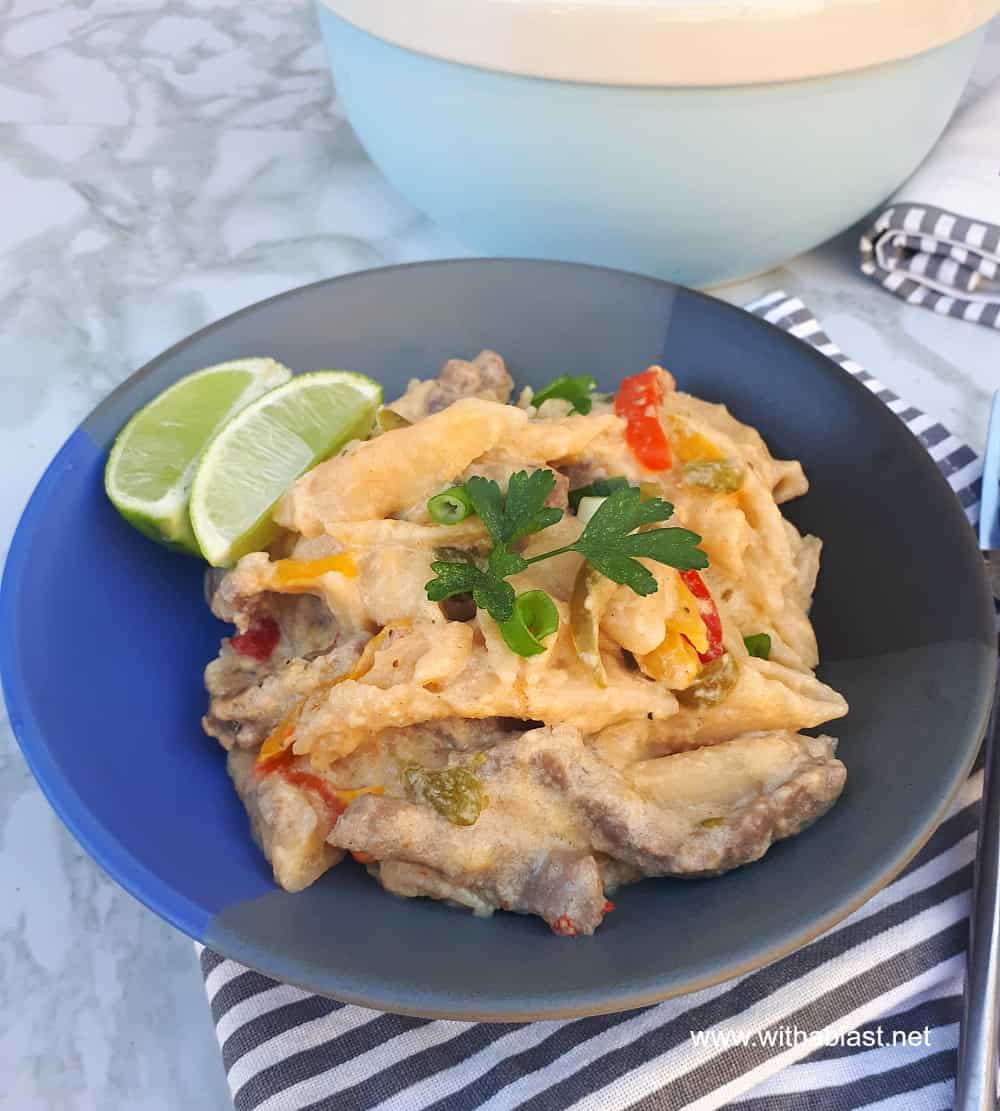 One Pot Spicy Steak Fajita Pasta has all the flavor a traditional Fajita has, but in a pasta dish. A Quick, easy dinner dish for a busy week night.