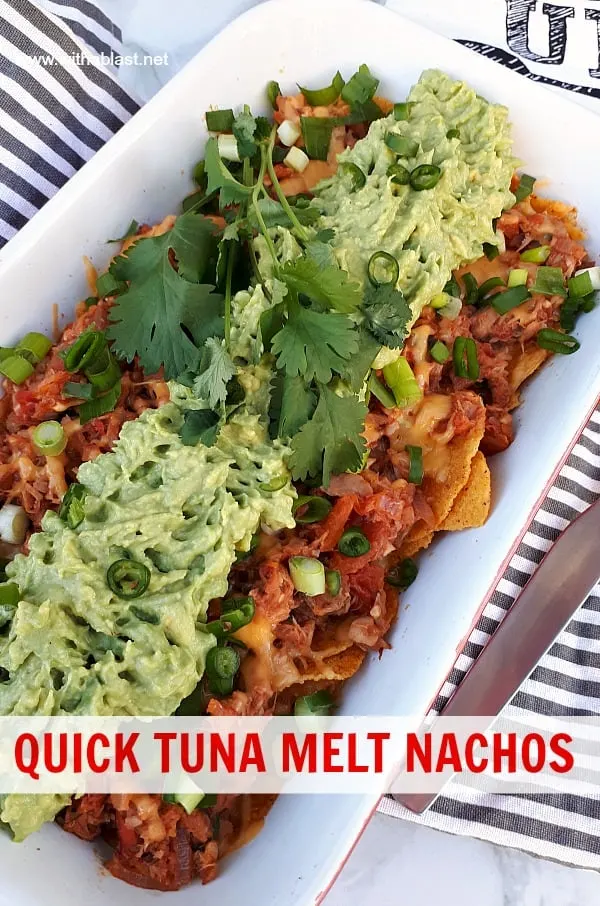 Quick Tuna melt Nachos is a cheesy, tomato rich, quick and easy dish to be served as an appetizer, snack and perfect as a light dinner too #TunaMelt #Nachos #Appetizer #LightDinner #TunaNachos