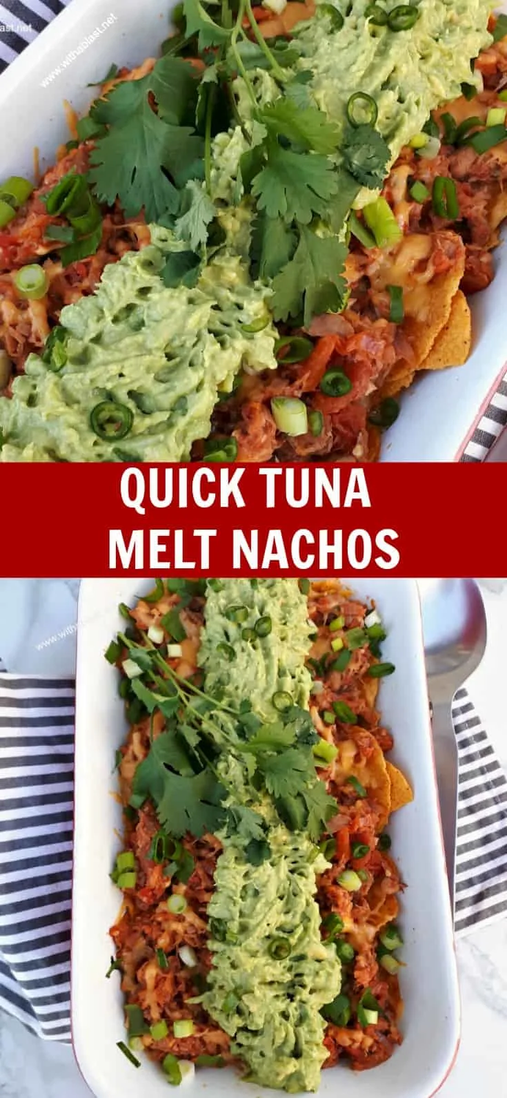 Quick Tuna melt Nachos is a cheesy, tomato rich, quick and easy dish to be served as an appetizer, snack and perfect as a light dinner too #TunaMelt #Nachos #Appetizer #LightDinner #TunaNachos